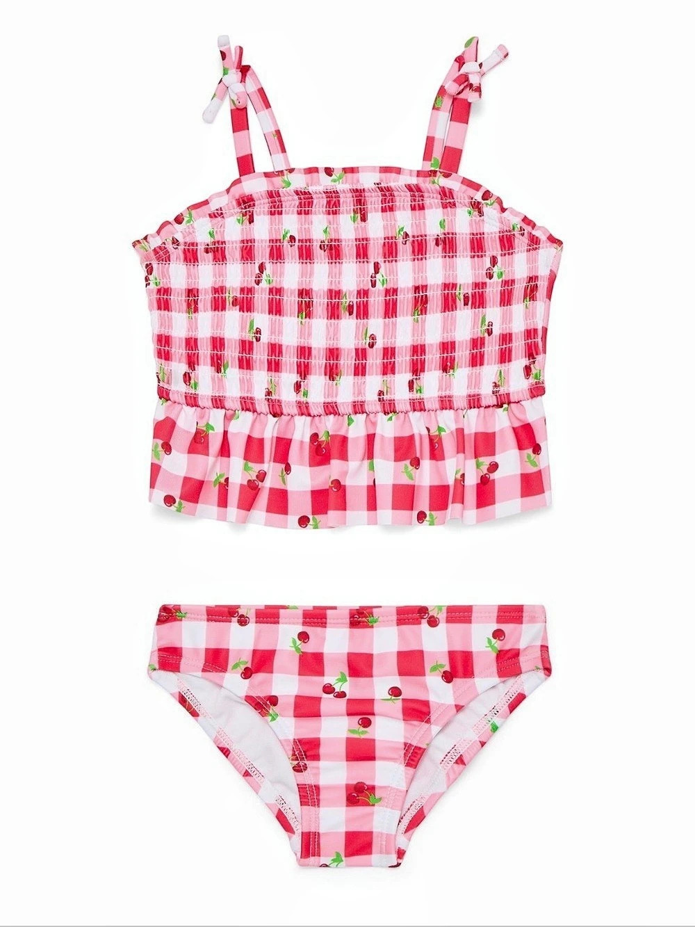 wonder nation Baby and Toddler Girl Ruffle Swim Cherry Plaid Tankini